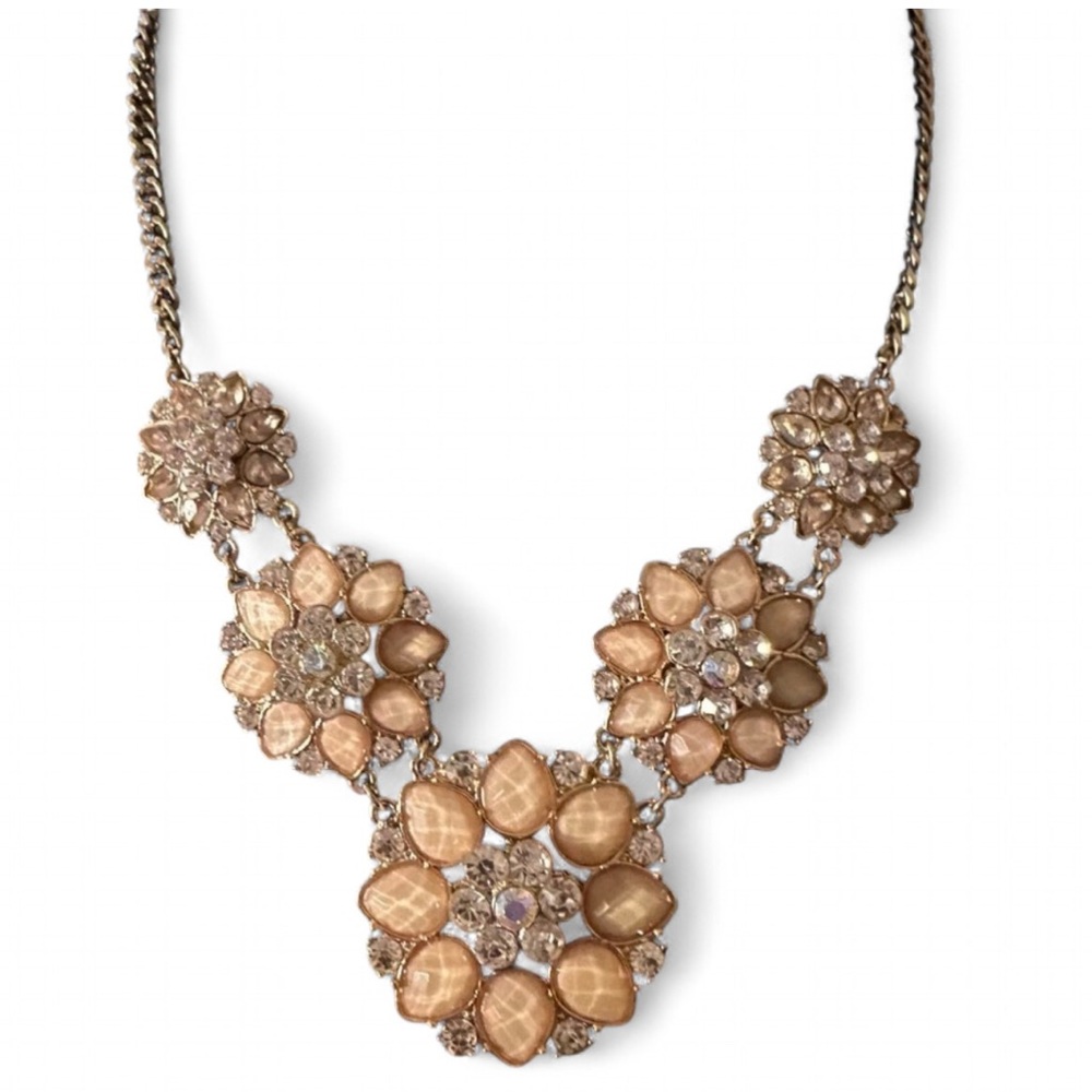 Statement Collar Floral Necklace Champagne Stones with Rhinestones Goldtone